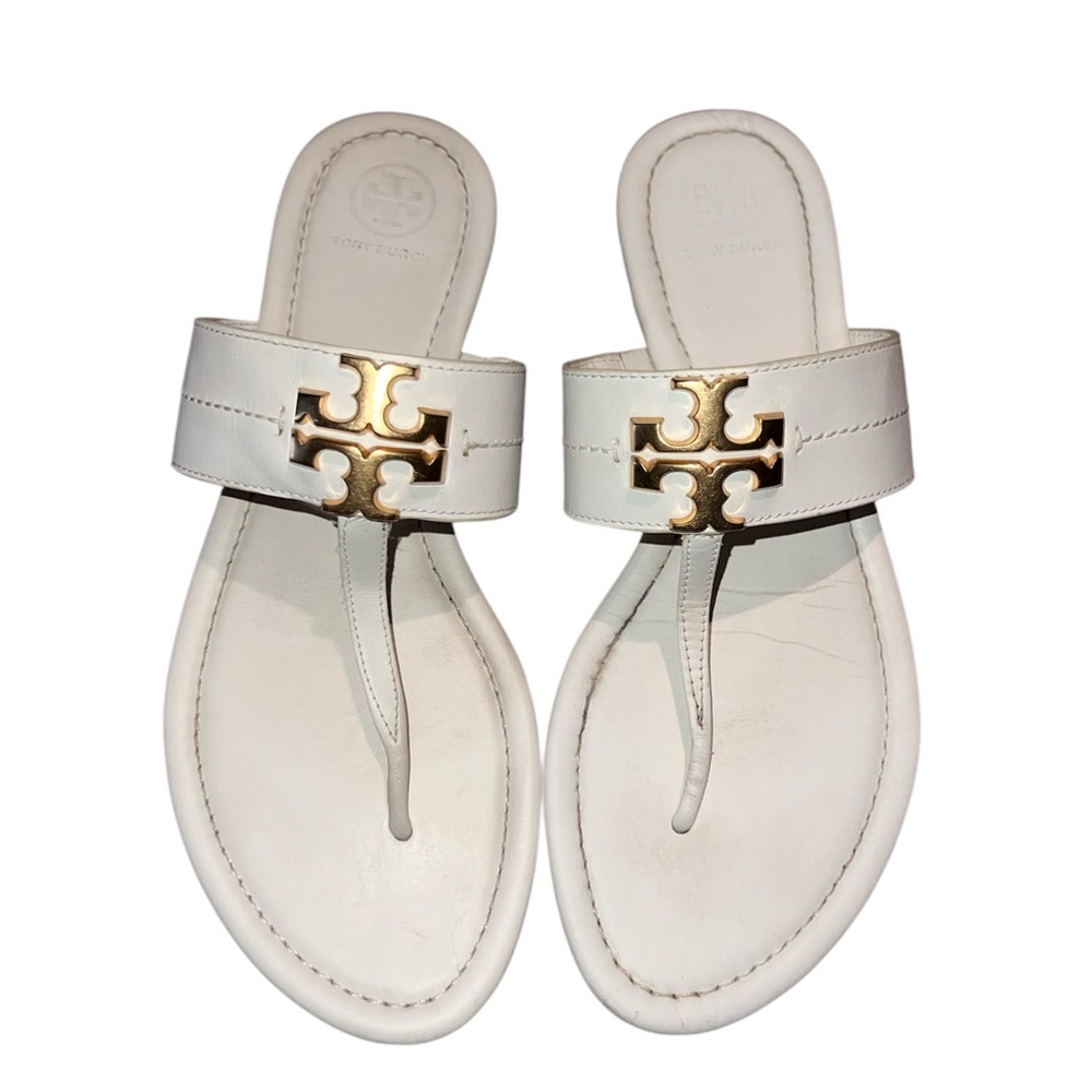 Tory Burch Everly White T-strap Thong Slide Sandals Size 8 VGC!